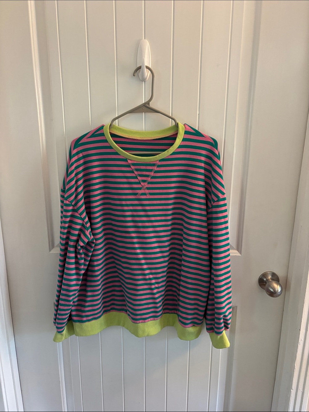 Striped Crewneck Sweater in Teal & Pink with Lime Trim